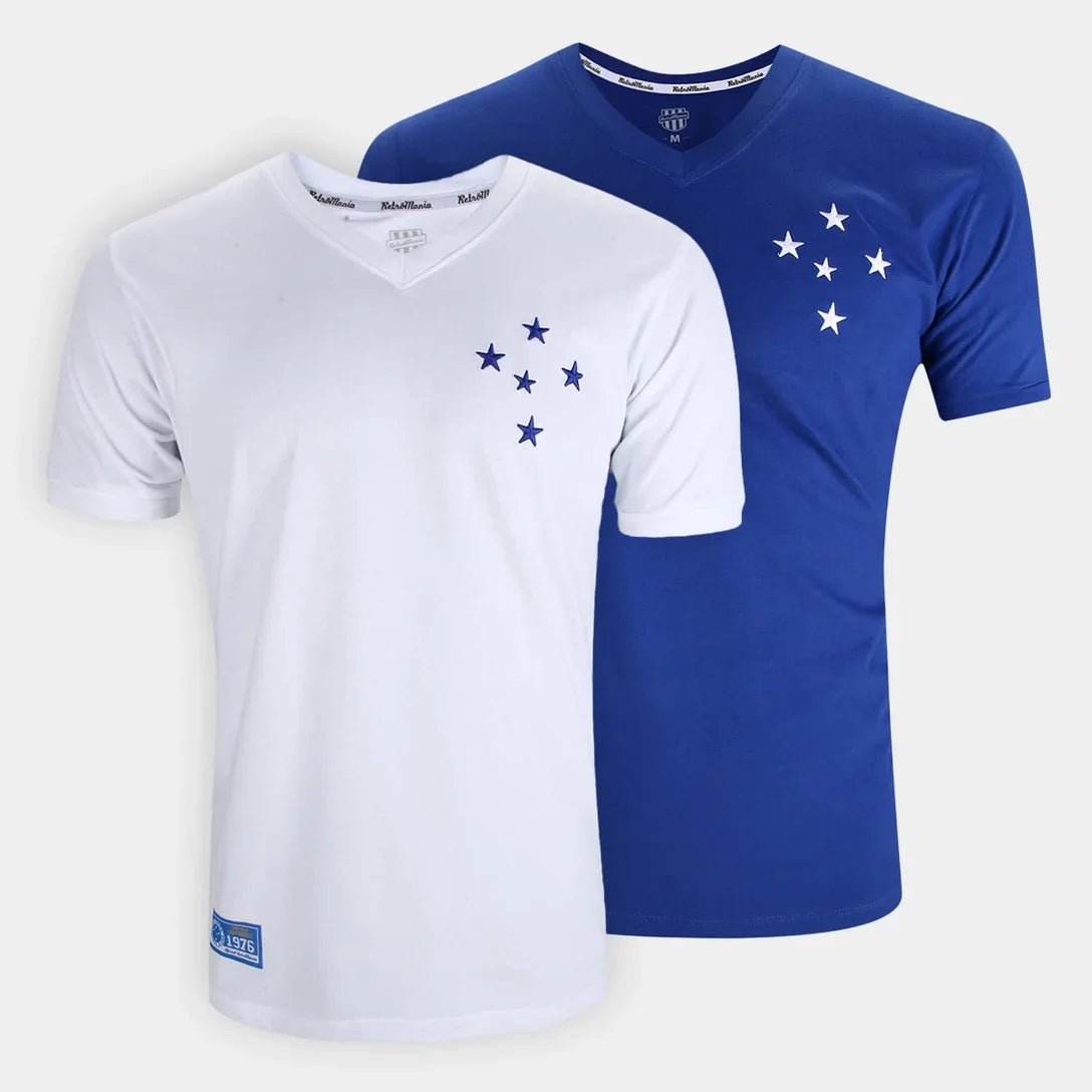 Kit Camisa Cruzeiro RetrôMania Libertadores 1976 Masculina - Branco+Azul